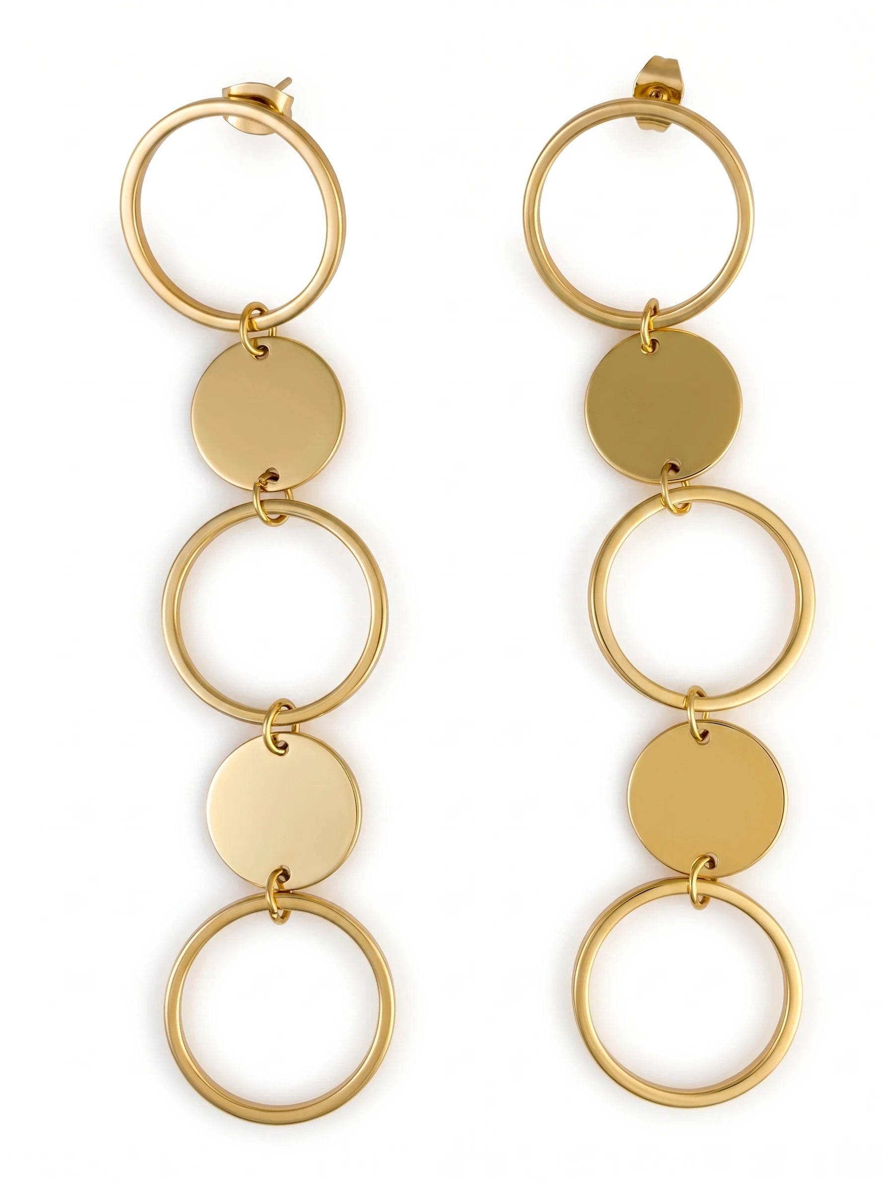 Brinco Pendente Círculos e Disco Dourado 18k