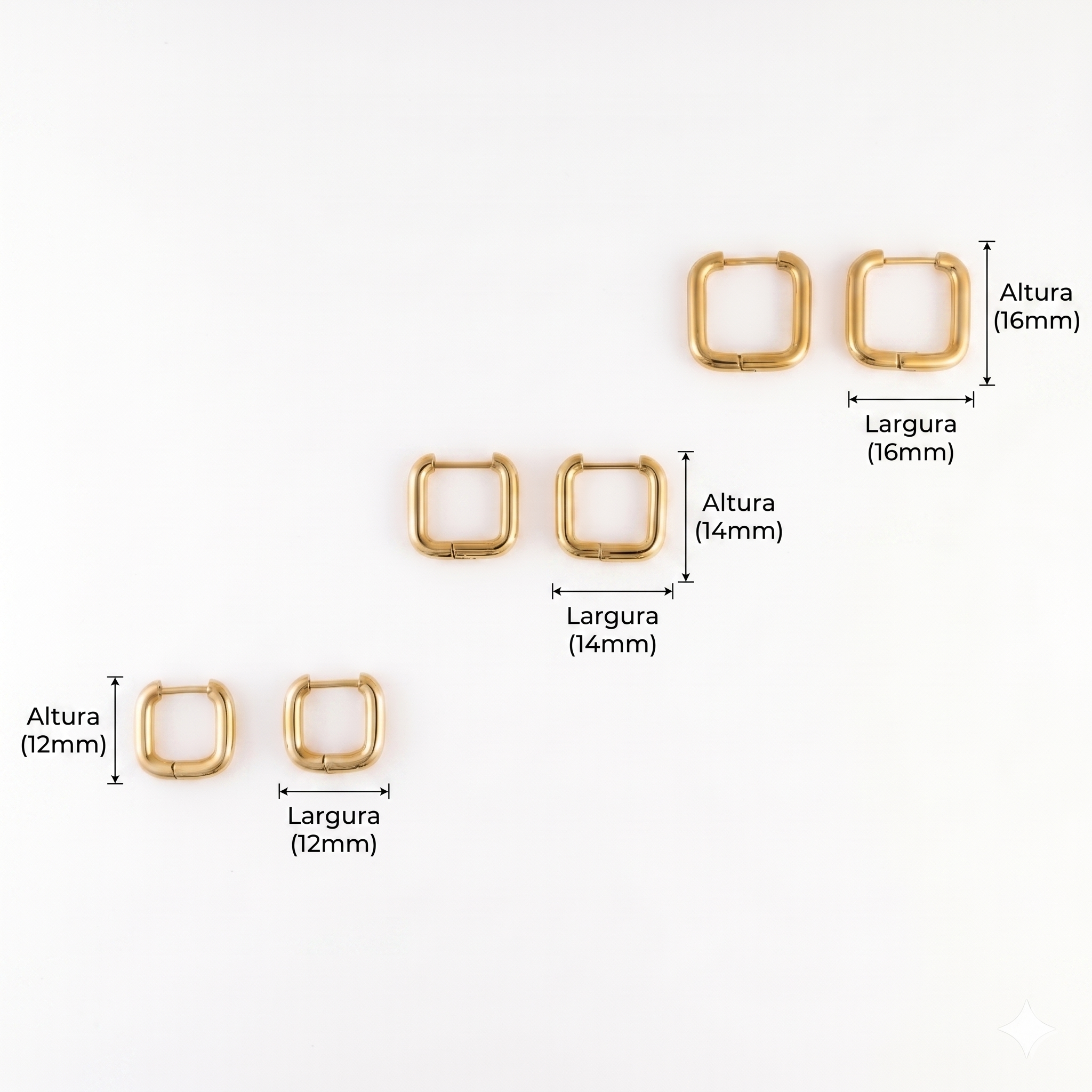 Brinco Argola Quadrada Kit 3 Tamanhos Dourado 18k